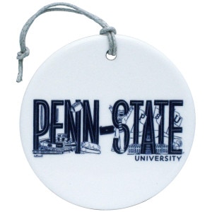 white circular ornament Penn State University with ink doodles